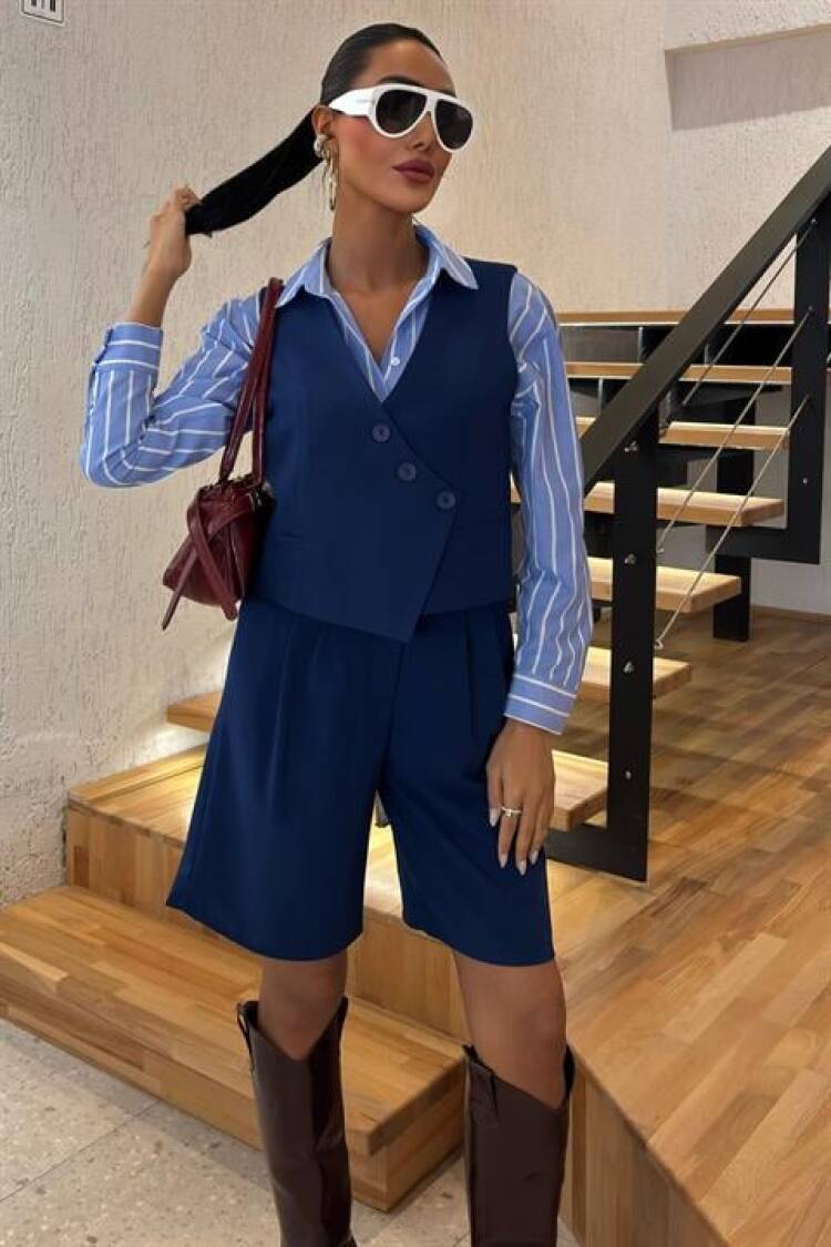 Vest Set With Cross Buttons And Bermuda Shorts - Navy - Sobe Istanbul - Globality Store - Women Clothes Wholesale Turkey