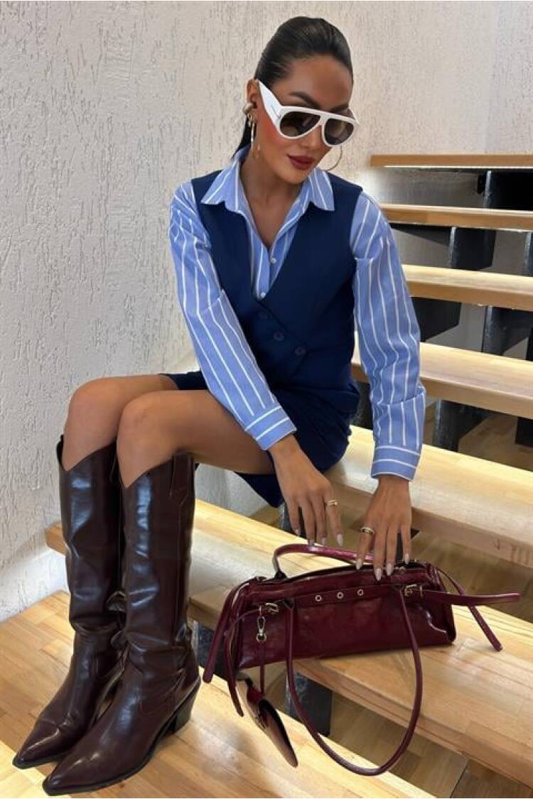 Vest Set With Cross Buttons And Bermuda Shorts - Navy