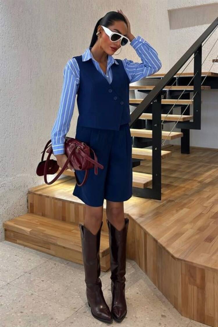 Vest Set With Cross Buttons And Bermuda Shorts - Navy