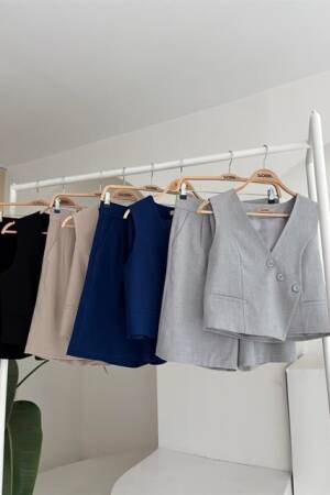 Vest Set With Cross Buttons And Bermuda Shorts - Navy - Sobe Istanbul - Globality Store - Women Clothes Wholesale Turkey