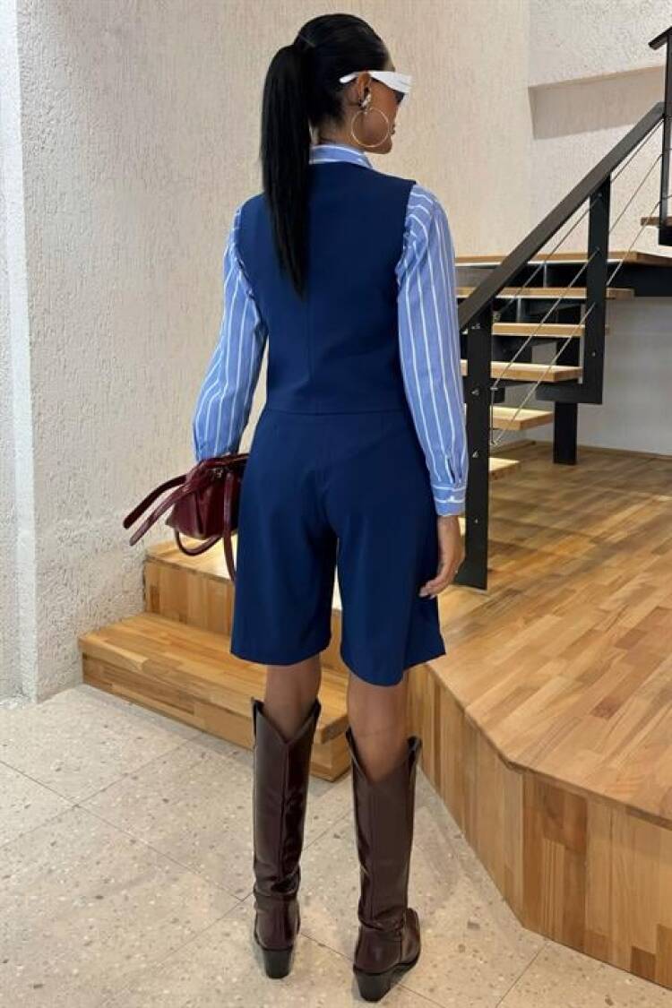 Vest Set With Cross Buttons And Bermuda Shorts - Navy