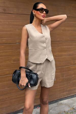 Vest Shorts Flame Linen Suit - Sobe Istanbul - Globality Store - Women Clothes Wholesale Turkey