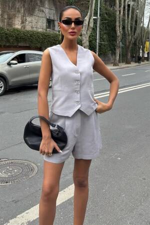 Vest Shorts Flame Linen Suit - Sobe Istanbul - Globality Store - Women Clothes Wholesale Turkey