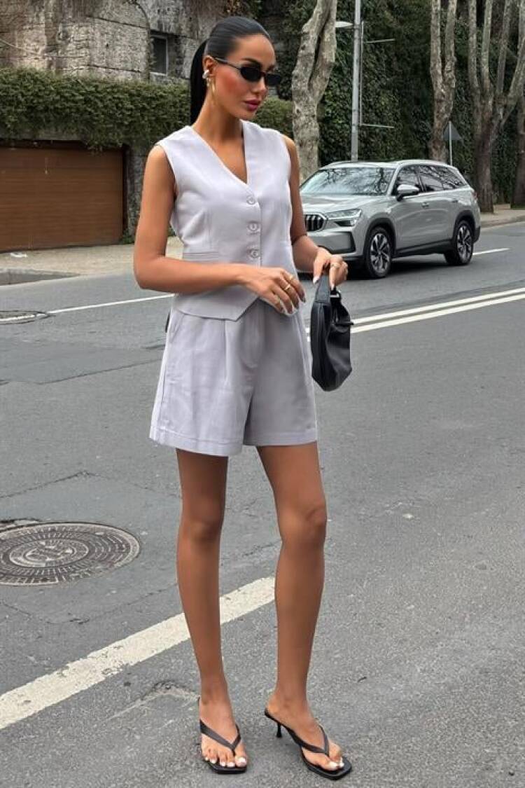 Vest Shorts Flame Linen Suit - Sobe Istanbul - Globality Store - Women Clothes Wholesale Turkey