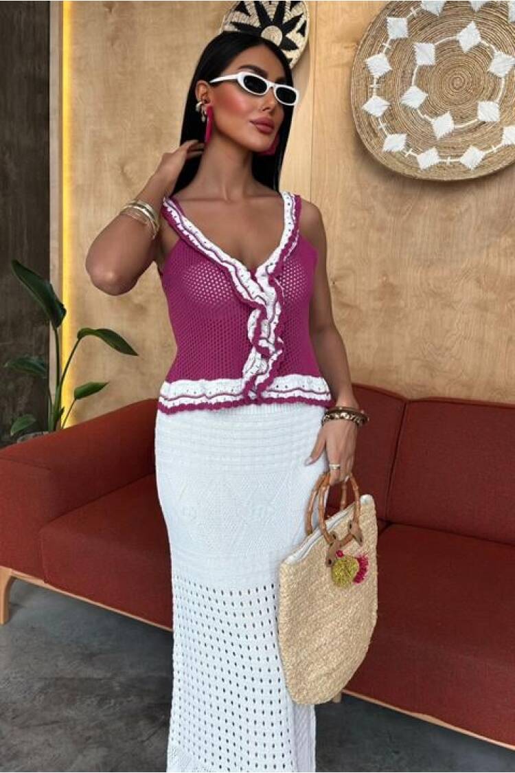 Ruffle Detailed Long Skirt Knitwear Suit