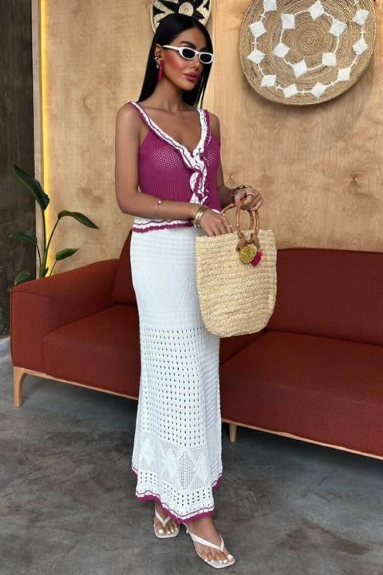 Ruffle Detailed Long Skirt Knitwear Suit