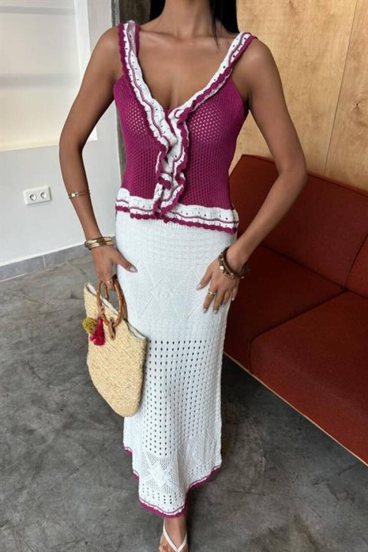 Ruffle Detailed Long Skirt Knitwear Suit
