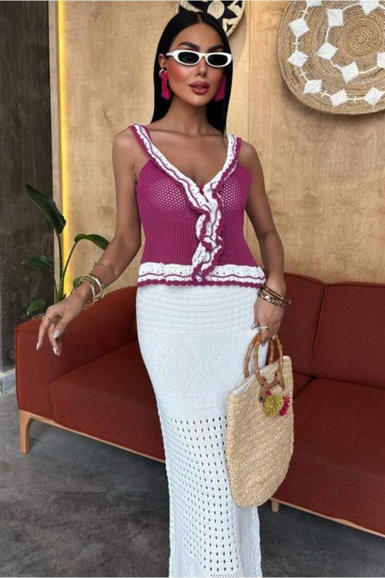 Ruffle Detailed Long Skirt Knitwear Suit