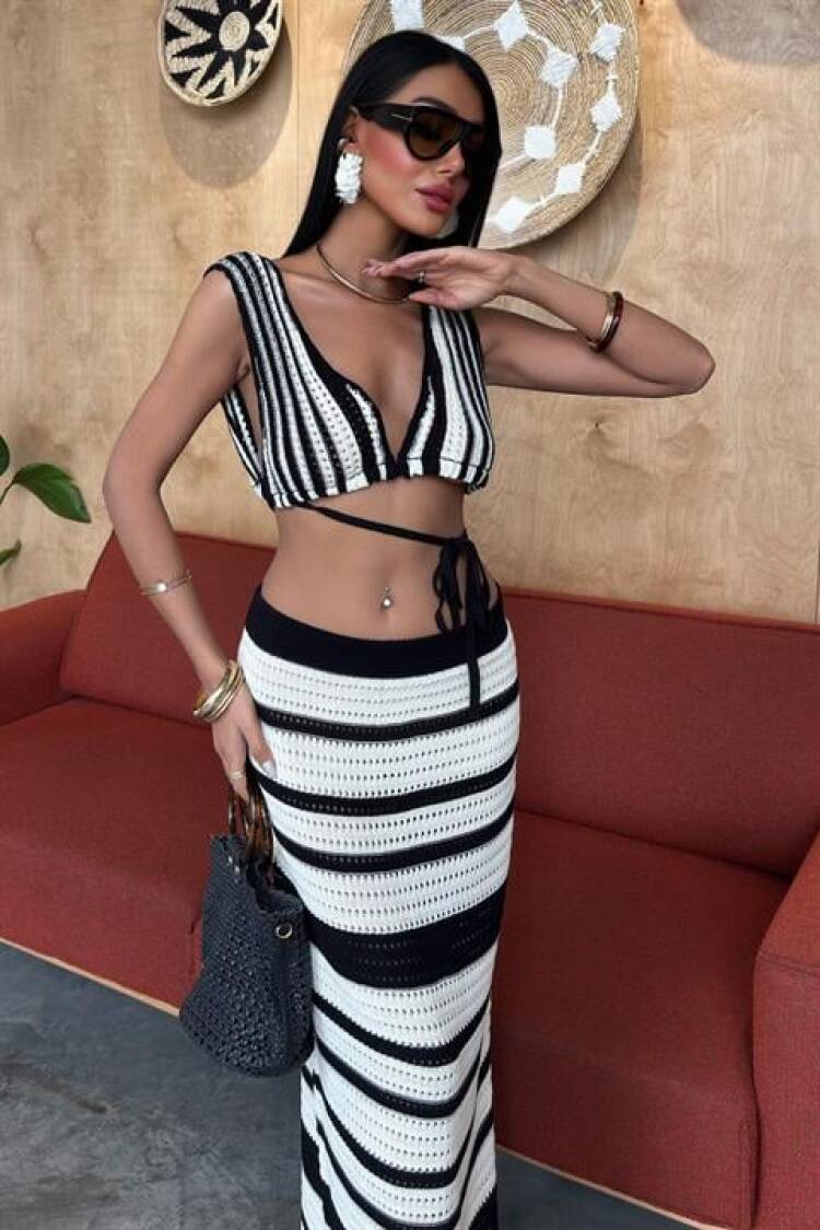 Striped Bikini Top And Skirt Knitwear Suit