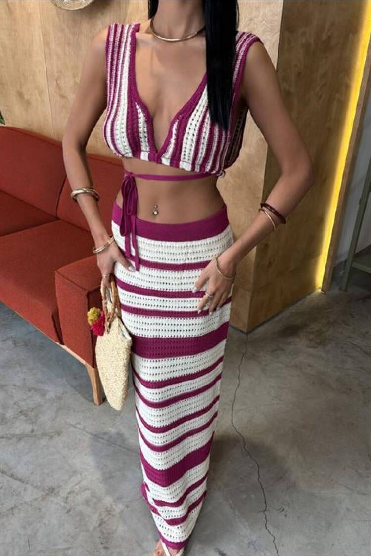 Striped Bikini Top And Skirt Knitwear Suit