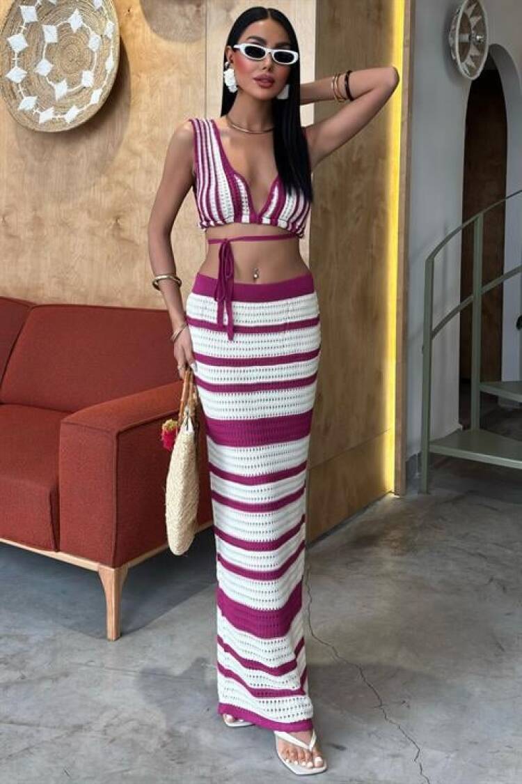 Striped Bikini Top And Skirt Knitwear Suit - Sobe Istanbul - Globality Store - Women Clothes Wholesale Turkey