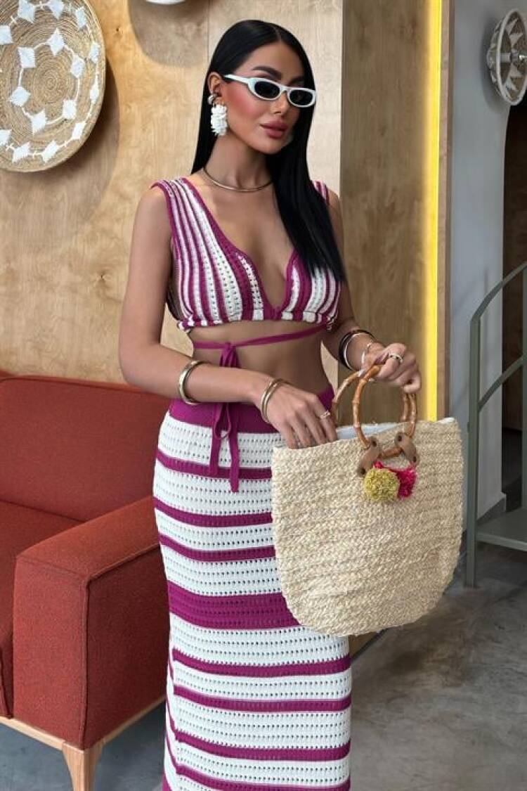 Striped Bikini Top And Skirt Knitwear Suit