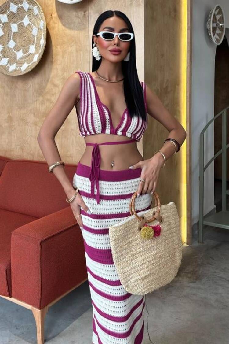 Striped Bikini Top And Skirt Knitwear Suit