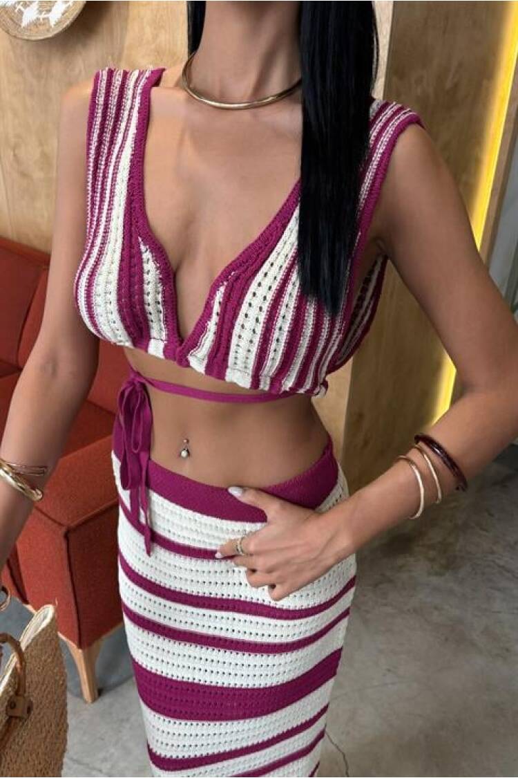 Striped Bikini Top And Skirt Knitwear Suit