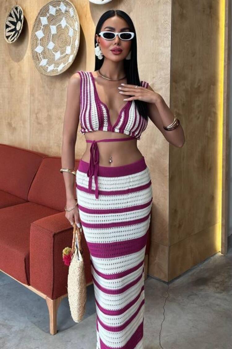 Striped Bikini Top And Skirt Knitwear Suit