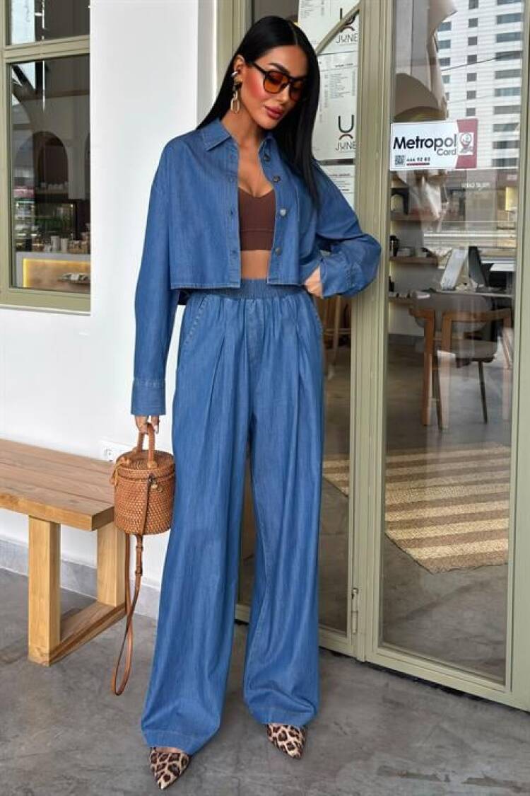 Denim Shirt Plazzo Pants Suit - Sobe Istanbul - Globality Store - Women Clothes Wholesale Turkey