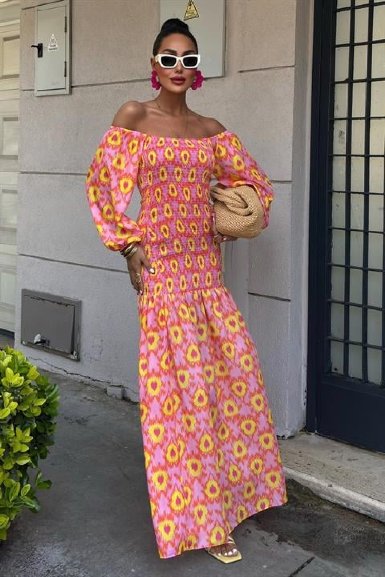 Madonna Collar Gipe Detailed Patterned Dress - Sobe Istanbul - Globality Store - Women Clothes Wholesale Turkey