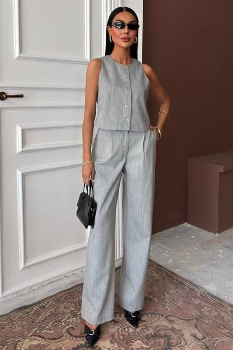 Vest Plazzo Pants Striped Flamed Poliviscon Suit - Sobe Istanbul - Globality Store - Women Clothes Wholesale Turkey