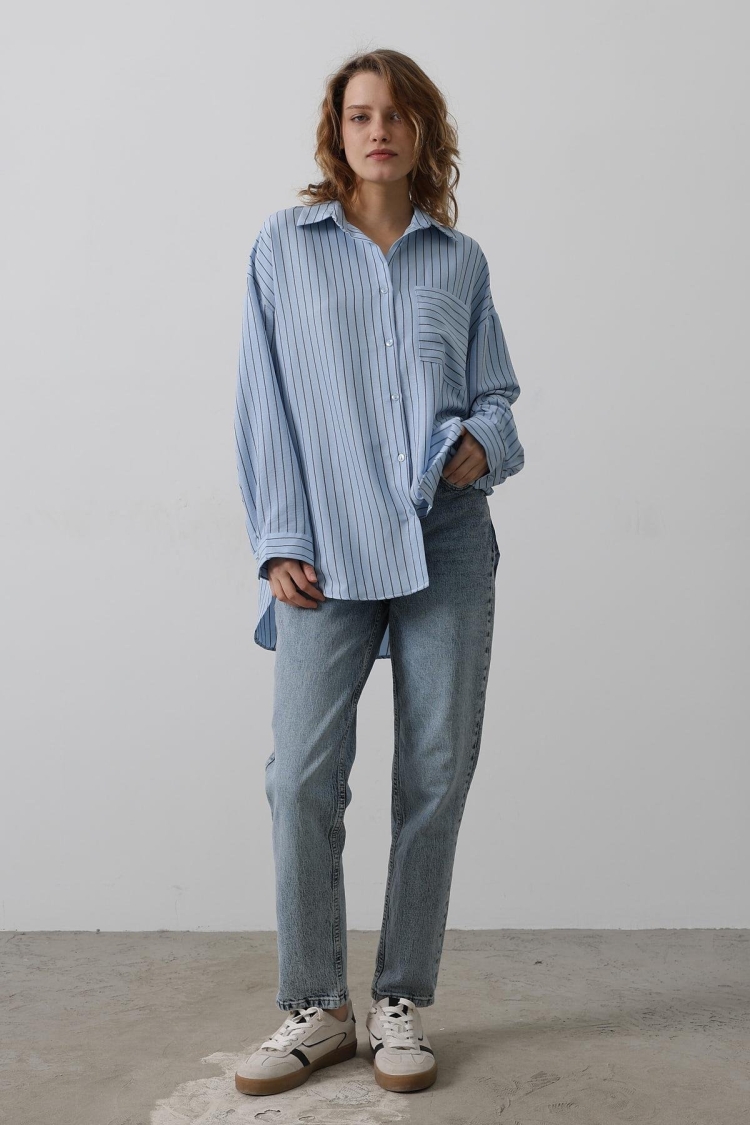 Striped Single Pocket Shirt - Baby - Reyon - Globality Store - Women Clothes Wholesale Turkey