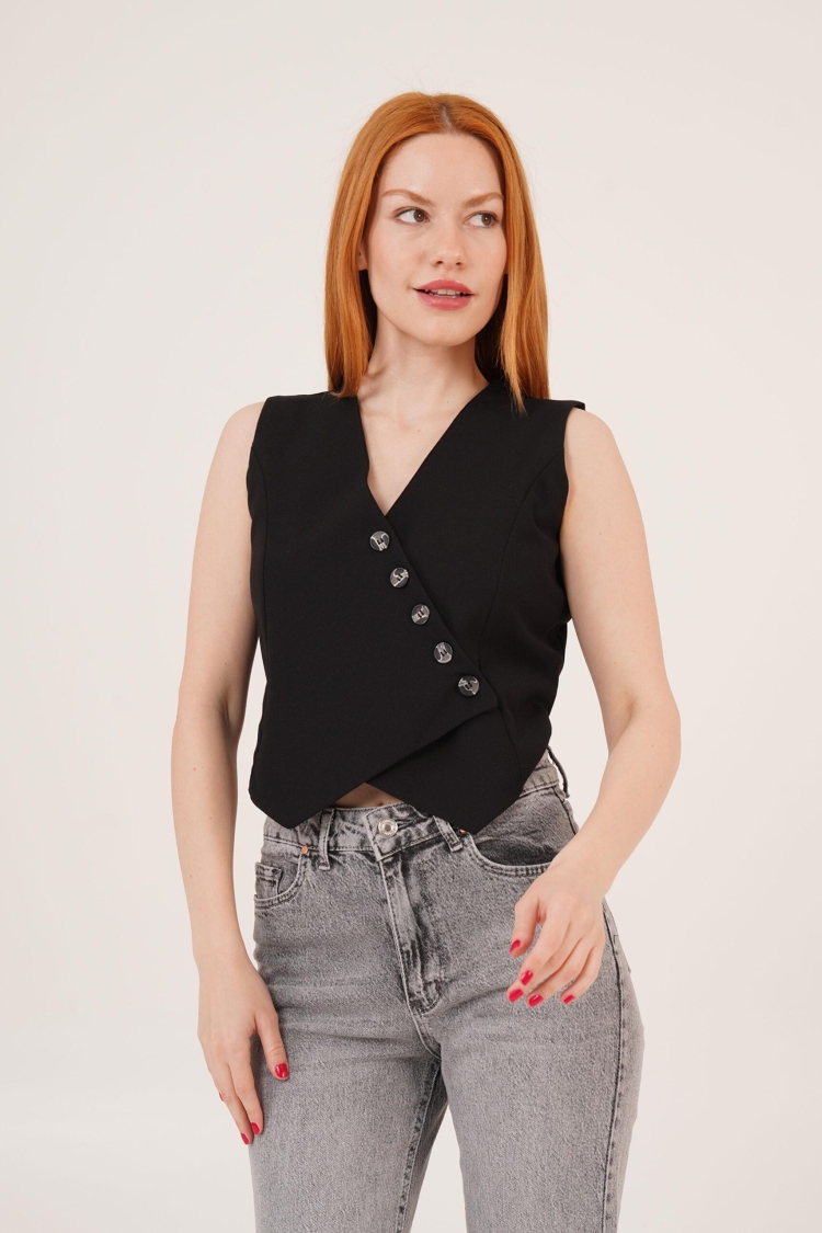 Triangular Cut WholesaleVest With V Neck Buttons - Lustrin - Globality Store - Women Clothes Wholesale Turkey