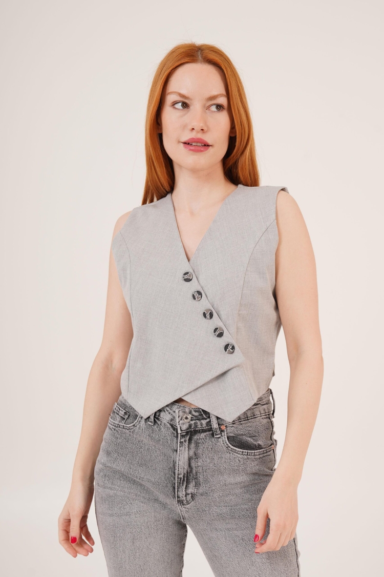 Triangle Cut WholesaleVest With V Neck Buttons - Lustrin - Globality Store - Women Clothes Wholesale Turkey