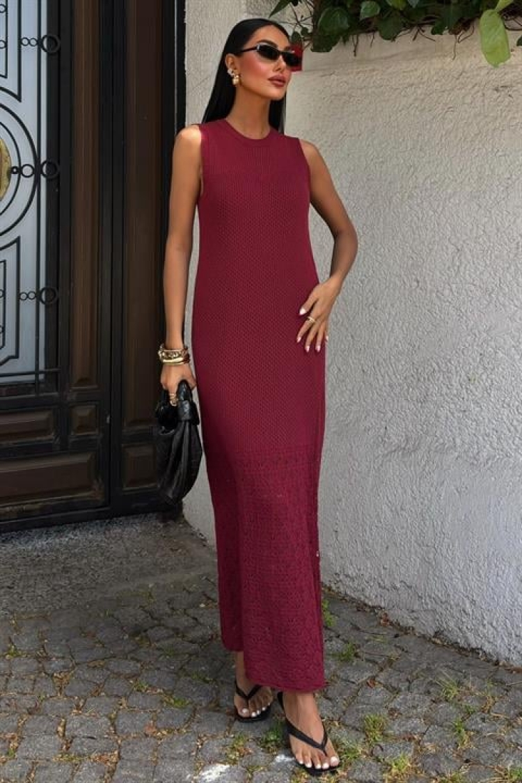 Afro Openwork Maxi Dress - Burgundy - Sobe Istanbul - Globality Store - Women Clothes Wholesale Turkey