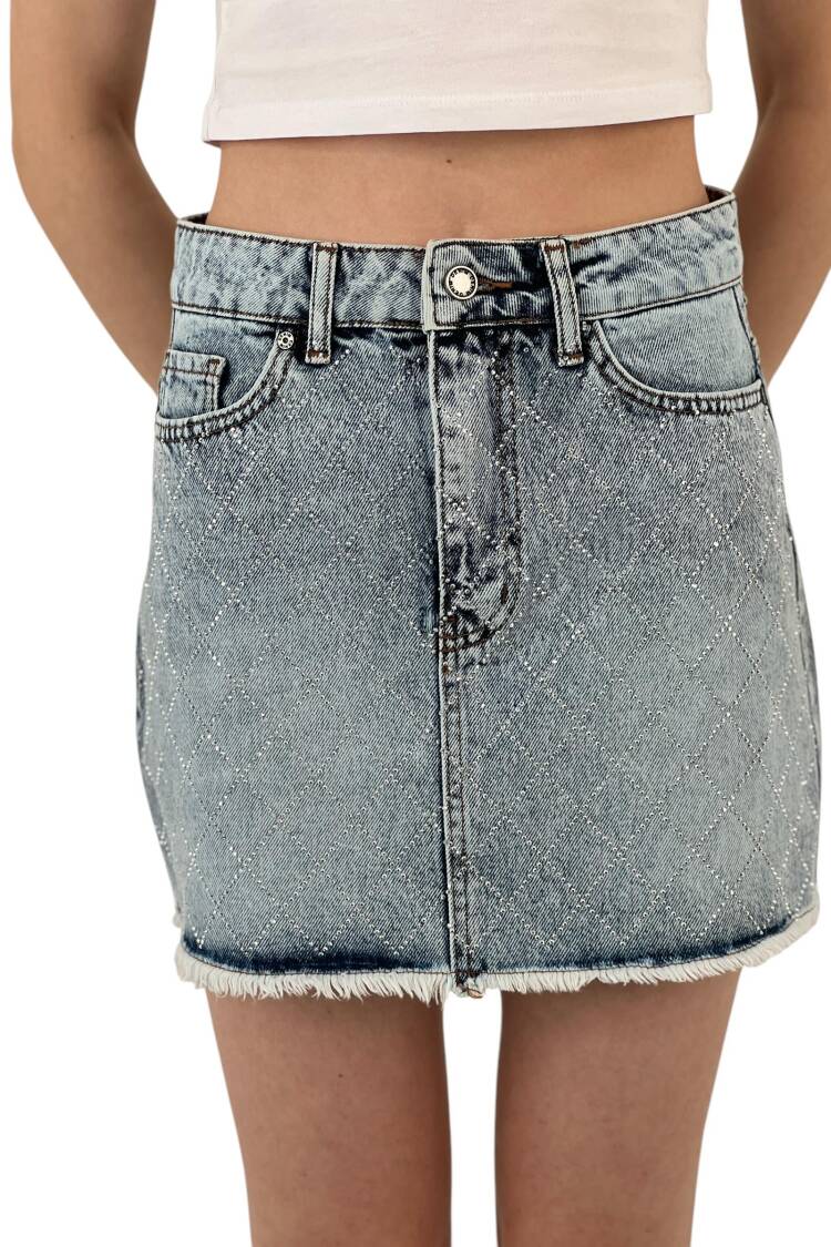 Denim Skirt Snow Wash Baklava Pattern Stone. - MISS POEM - Globality Store - Women Clothes Wholesale Turkey
