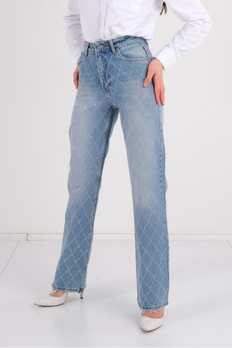 Patterned Stone Embroidered Loose Leg Jeans - MISS POEM - Globality Store - Women Clothes Wholesale Turkey