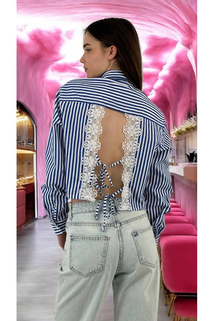 Striped Lace-up Lace Detailed Crop Shirt - MISS POEM - Globality Store - Women Clothes Wholesale Turkey