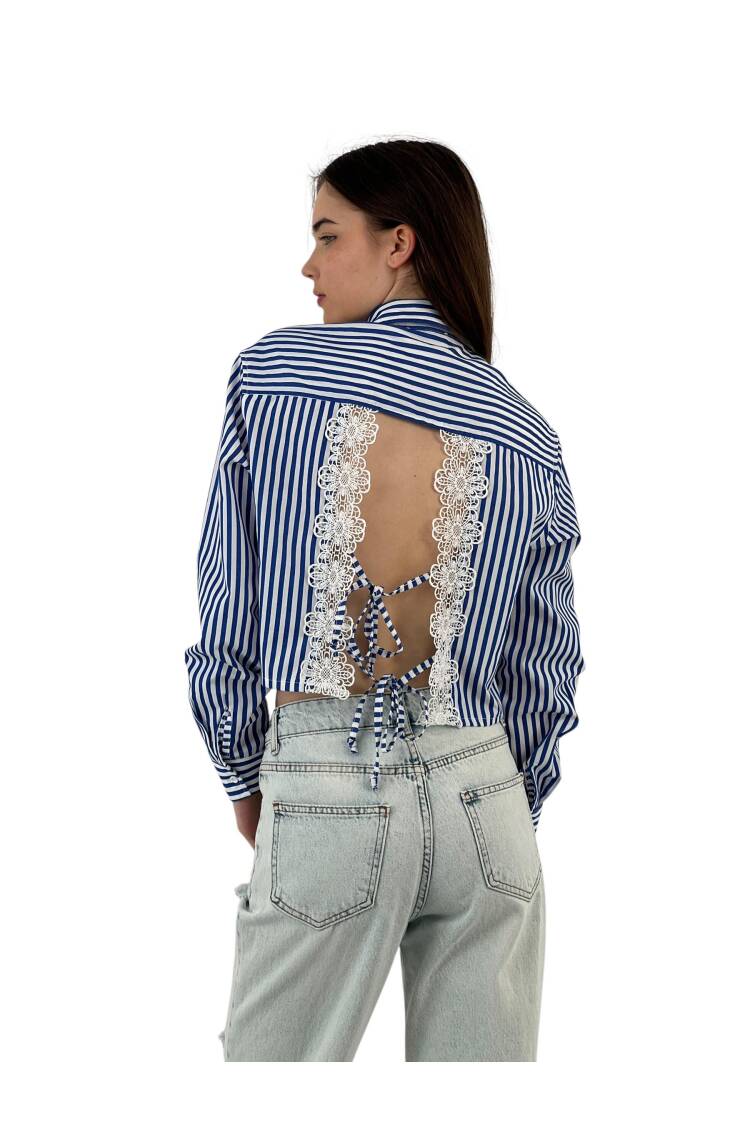 Striped Lace-up Lace Detailed Crop Shirt