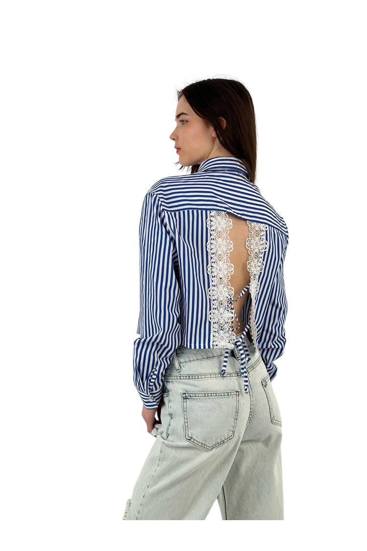 Striped Lace-up Lace Detailed Crop Shirt