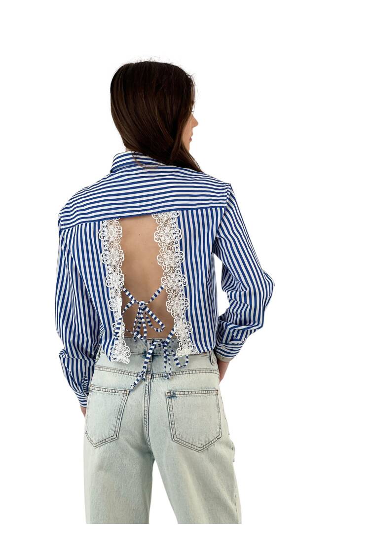 Striped Lace-up Lace Detailed Crop Shirt