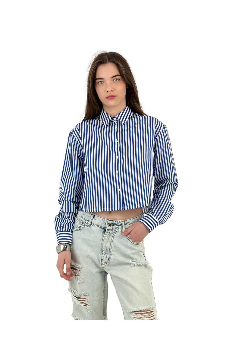 Striped Lace-up Lace Detailed Crop Shirt