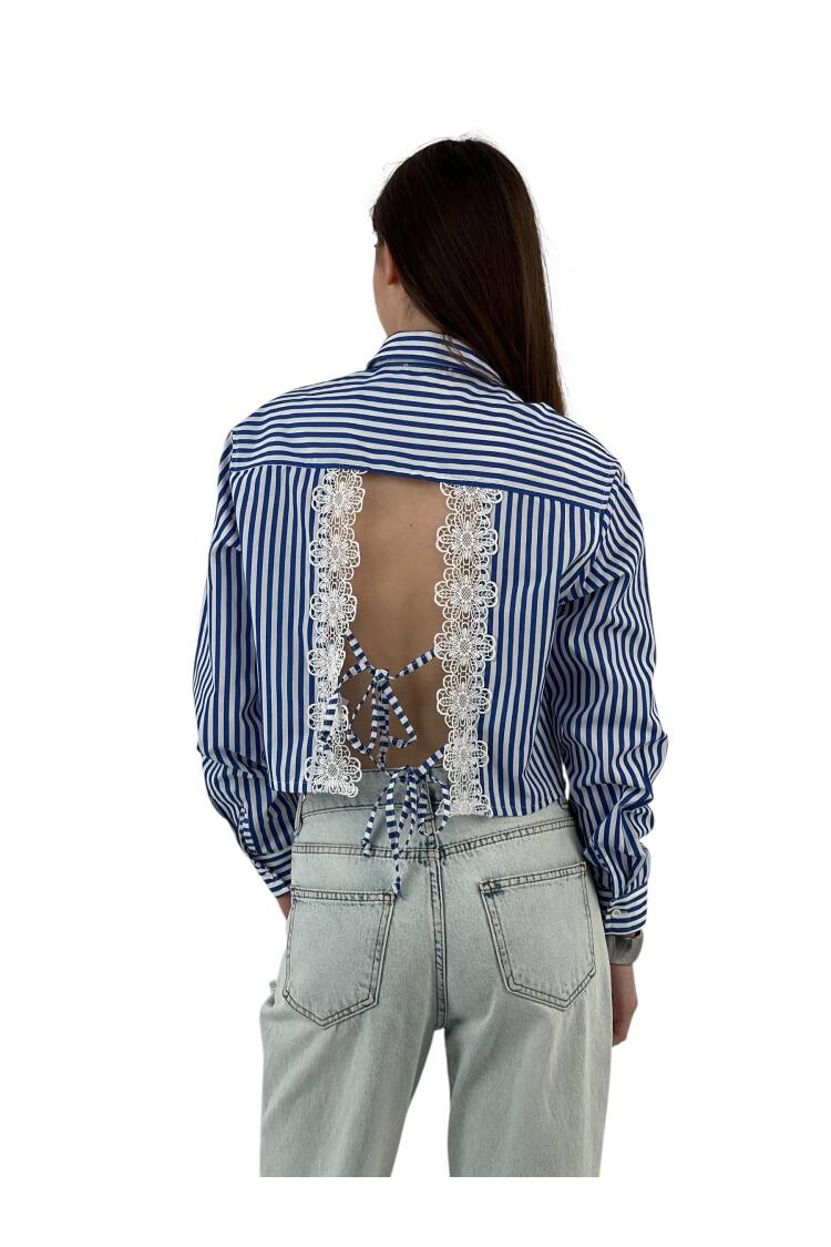 Striped Lace-up Lace Detailed Crop Shirt