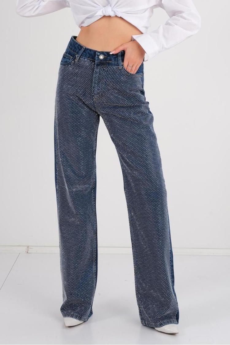 Stone Embroidered Loose Leg Jeans - MISS POEM - Globality Store - Women Clothes Wholesale Turkey