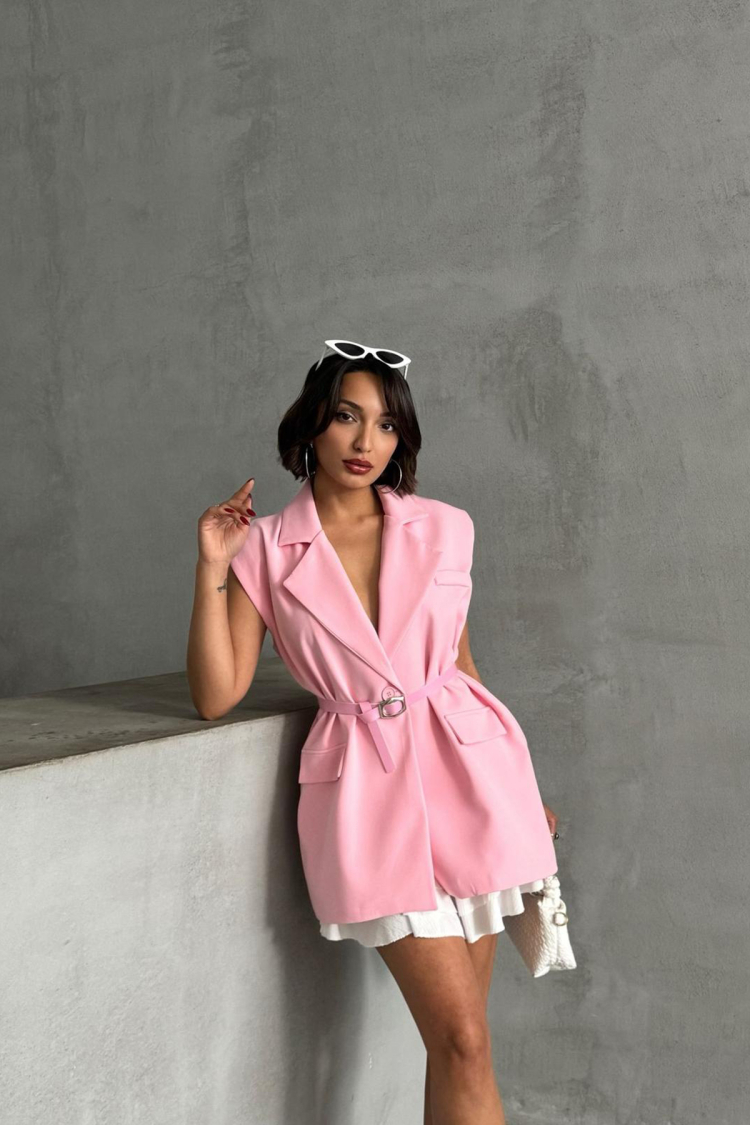 Sleeveless Blazer Jacket With Sleeveless Belt - Powder