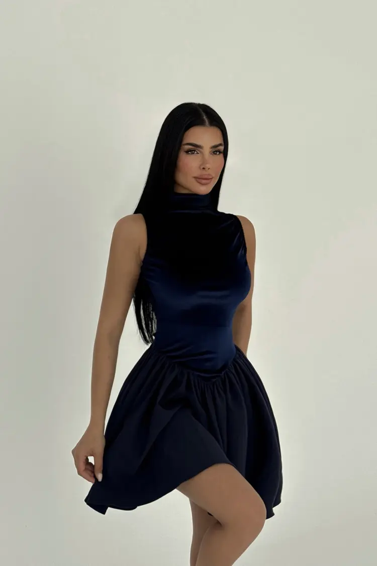 NavyVelvet Mini Dress - EYYO ATELIER - Globality Store - Women Clothes Wholesale Turkey