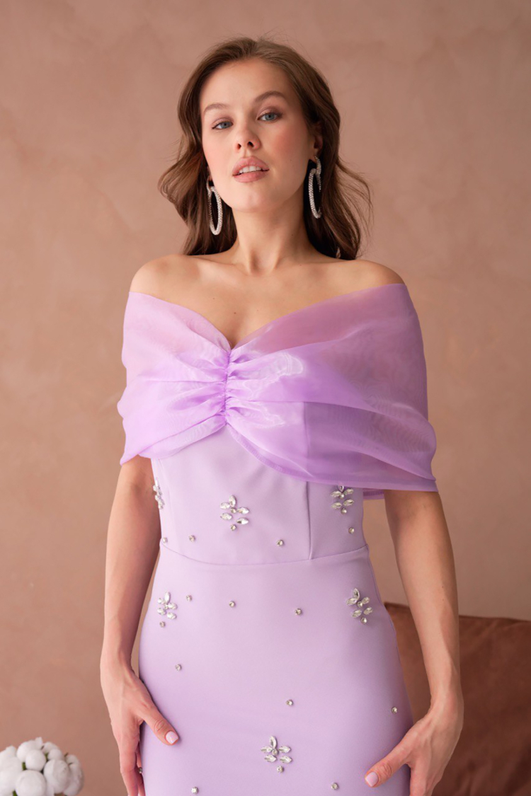 Tulle And Stone Detailed Evening Dress - Mode Roy - Globality Store - Women Clothes Wholesale Turkey