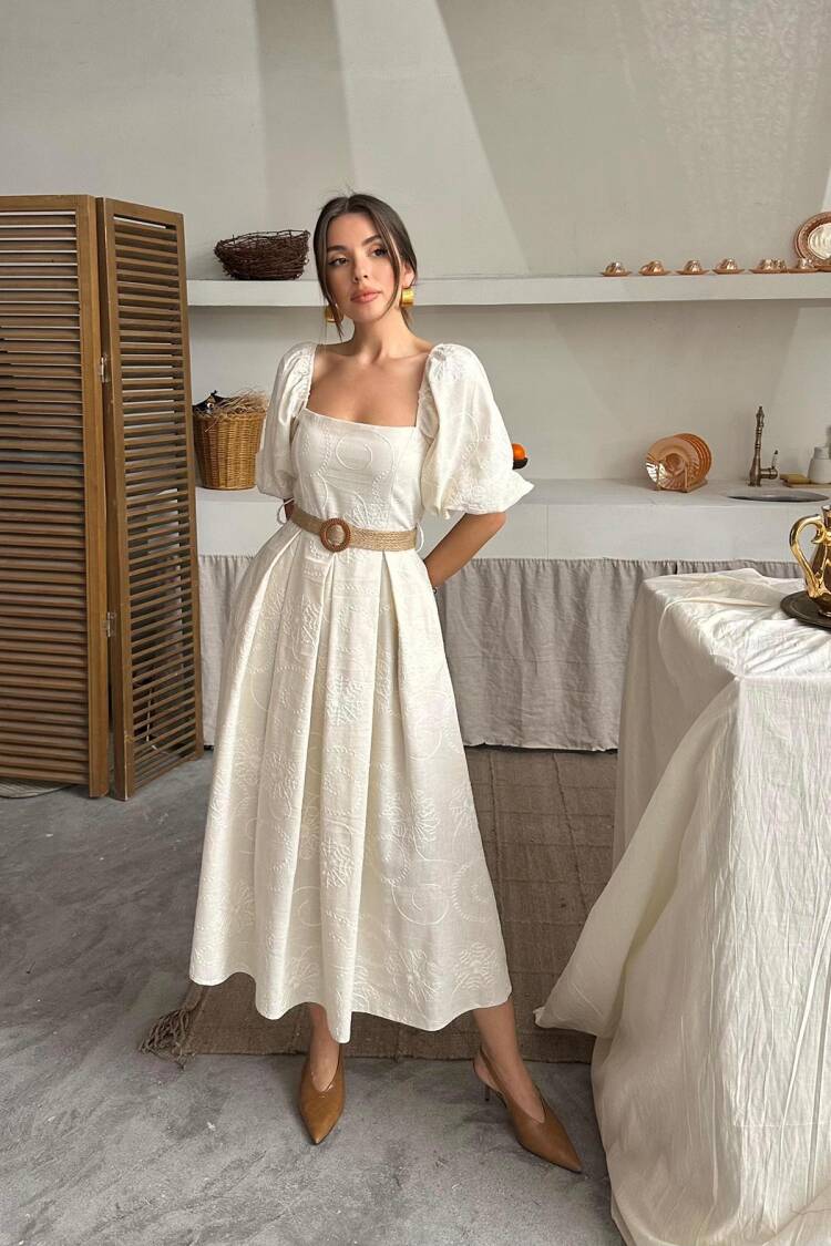 Wholesale Beige Balloon Sleeve Embroidered Dress