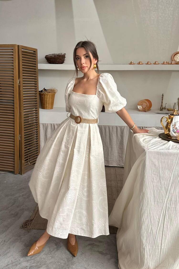 Wholesale Beige Balloon Sleeve Embroidered Dress