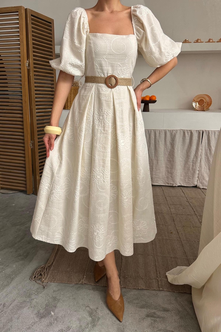 Wholesale Beige Balloon Sleeve Embroidered Dress