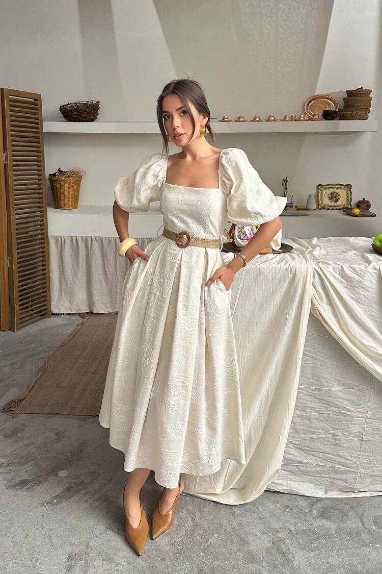 Wholesale Beige Balloon Sleeve Embroidered Dress - Elisa - Globality Store - Women Clothes Wholesale Turkey