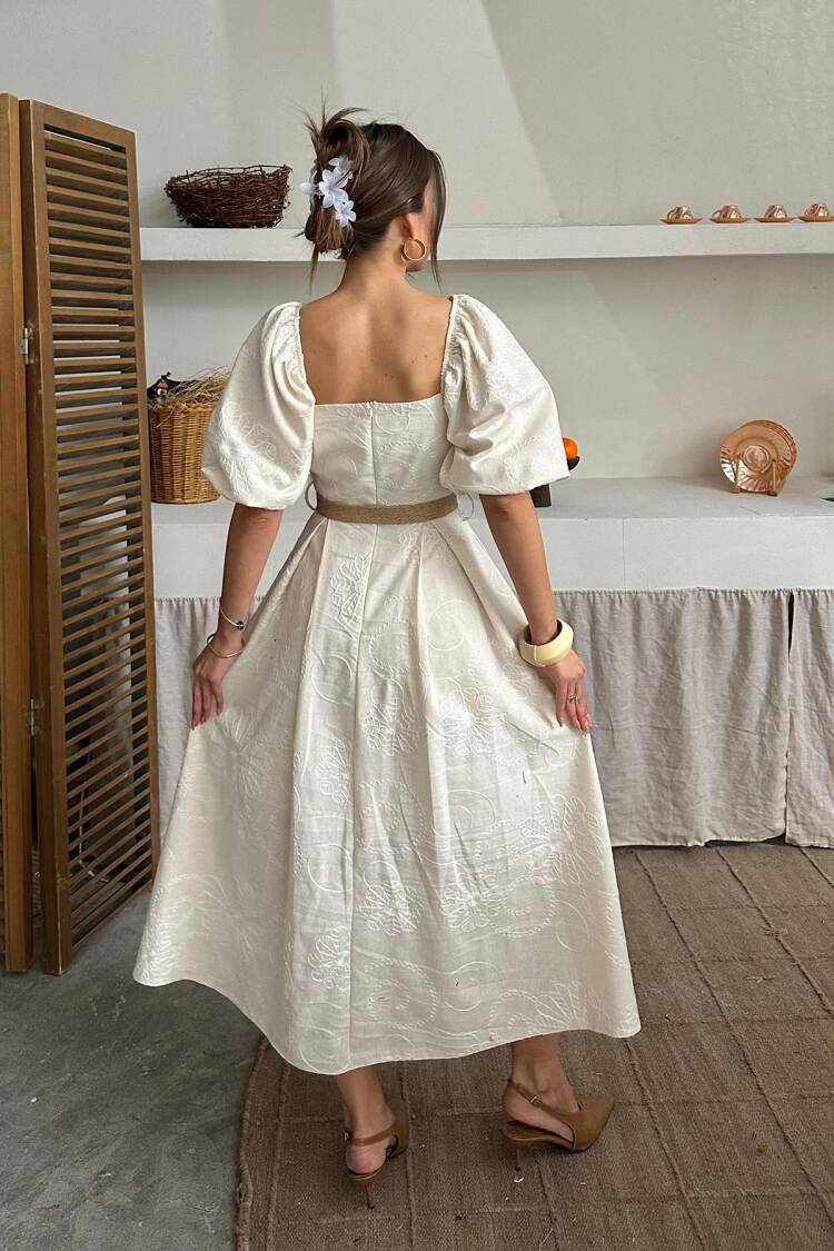 Wholesale Beige Balloon Sleeve Embroidered Dress