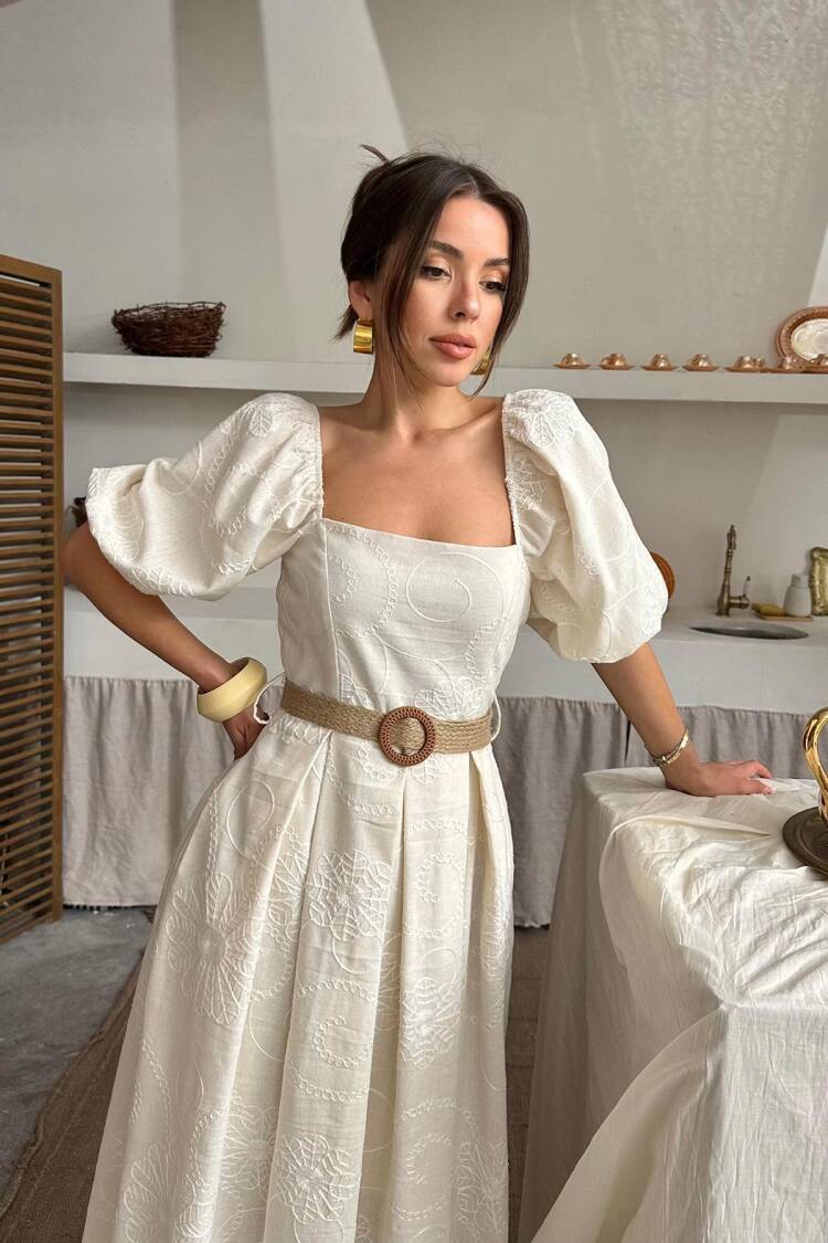 Wholesale Beige Balloon Sleeve Embroidered Dress