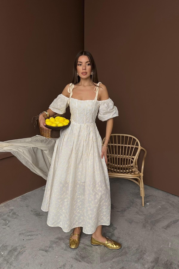Wholesale Beige Shoulder Lace-up Balloon Sleeve Embroidered Dress - Elisa - Globality Store - Women Clothes Wholesale Turkey