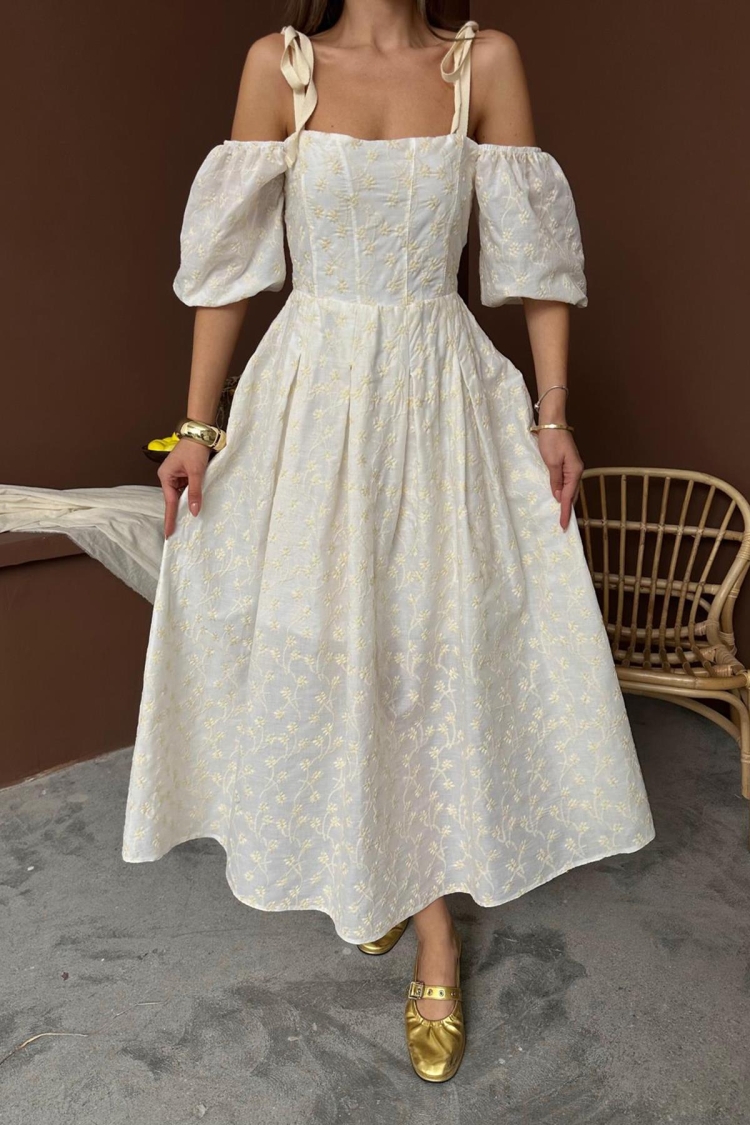 Wholesale Beige Shoulder Lace-up Balloon Sleeve Embroidered Dress