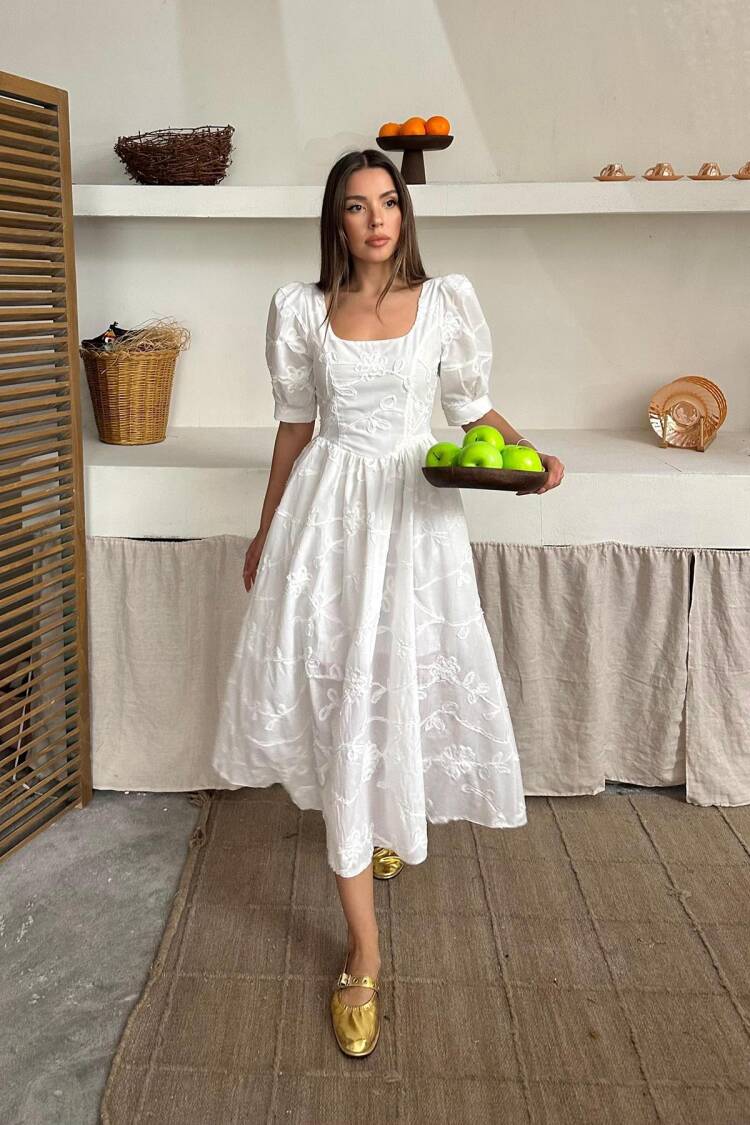 WholesaleBalloon Sleeve Embroidered Dress - Elisa - Globality Store - Women Clothes Wholesale Turkey