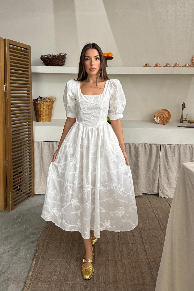 WholesaleBalloon Sleeve Embroidered Dress