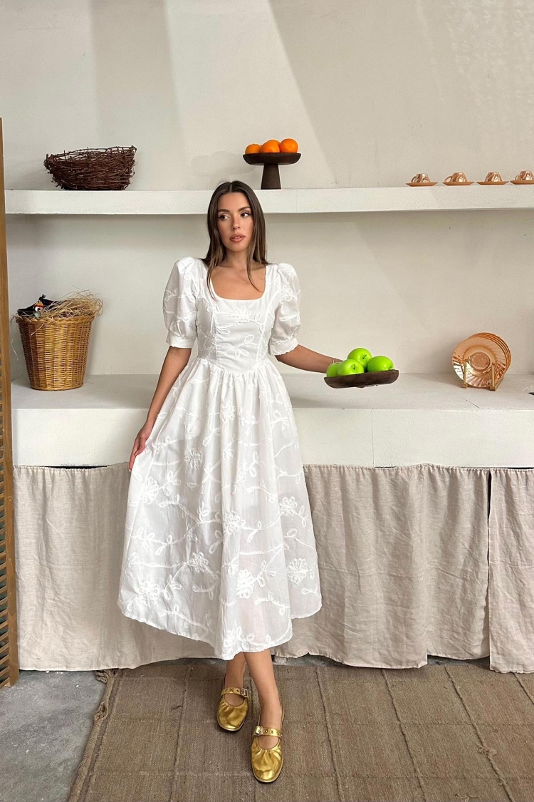 WholesaleBalloon Sleeve Embroidered Dress