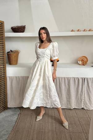 WholesaleBalloon Sleeve Embroidered Dress - Elisa - Globality Store - Women Clothes Wholesale Turkey